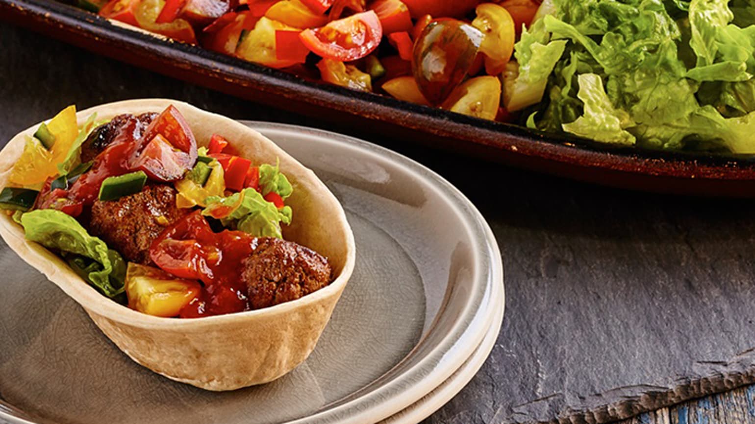 Stand ‘N Stuff™ Soft Tacos with Smoky BBQ Meatballs and Tomato Salsa